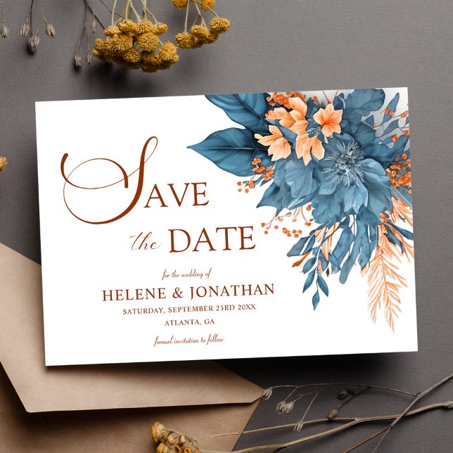 Dusty Blue Terracotta Boho Elegant Floral Wedding Save The Date (Dusty Blue Terracotta Boho Elegant Floral Wedding Save The Date)