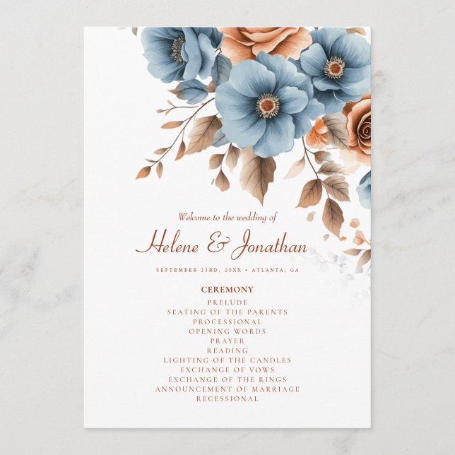 Dusty Blue Terracotta Floral Boho Elegant Wedding Programme (Front)