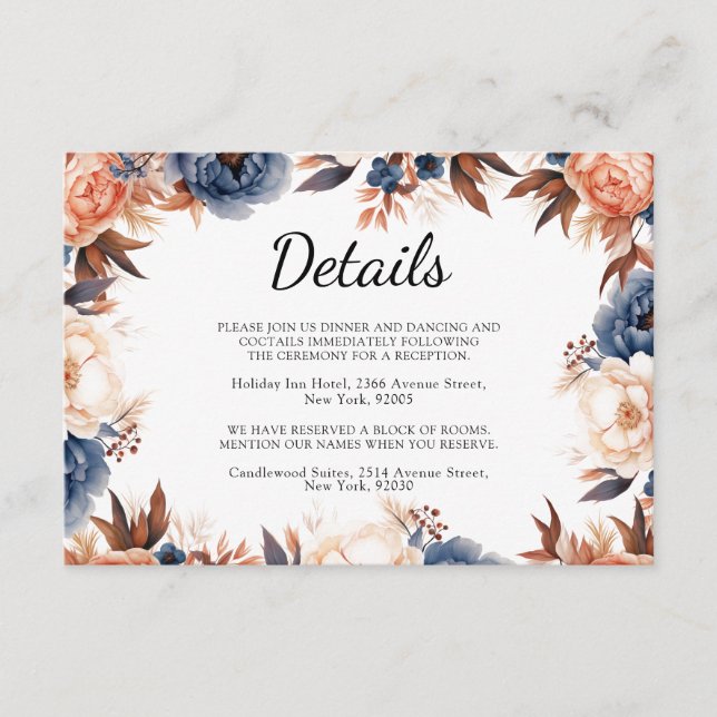 Dusty blue & Terracotta floral watercolor wedding Enclosure Card (Front)