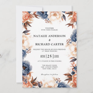 Dusty blue & Terracotta floral watercolor wedding  Invitation