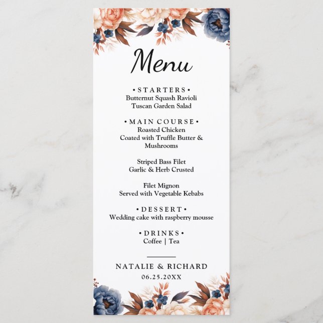 Dusty blue & Terracotta floral watercolor wedding Menu (Front)