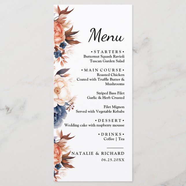 Dusty blue & Terracotta floral watercolor wedding  Menu (Front)