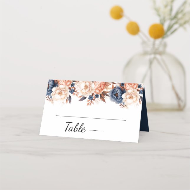 Dusty blue & Terracotta floral watercolor wedding Place Card (Front)