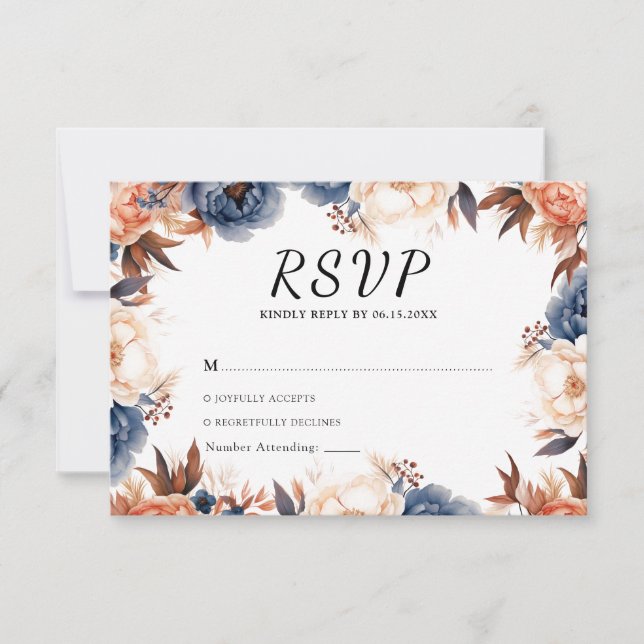 Dusty blue & Terracotta floral watercolor wedding RSVP Card (Front)