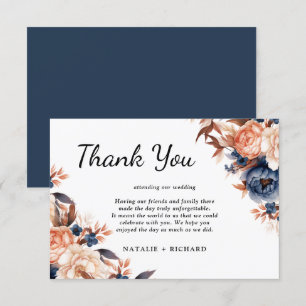 Dusty blue & Terracotta floral watercolor wedding  Thank You Card