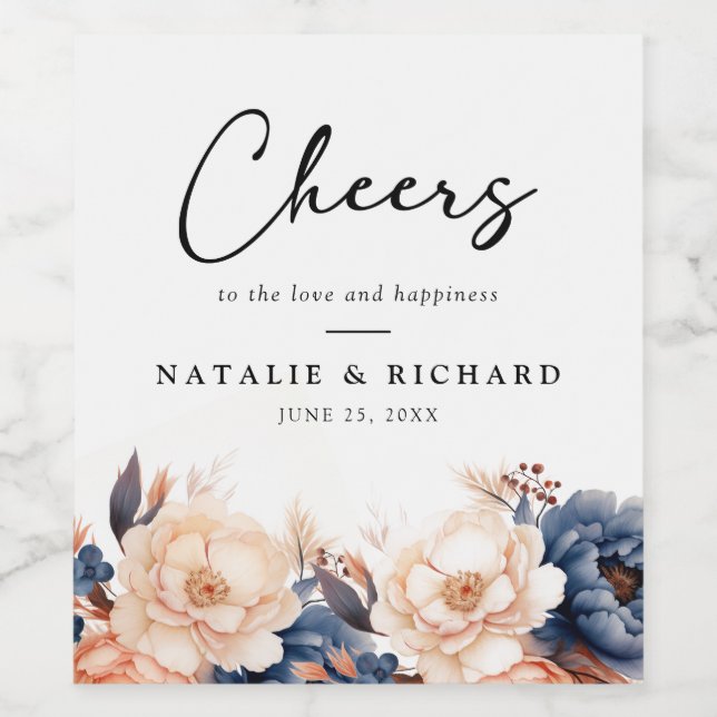 Dusty blue & Terracotta floral watercolor wedding Wine Label (Single Label)
