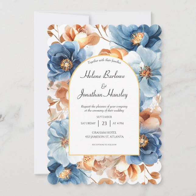 Dusty Blue Terracotta Rust Elegant Floral Wedding Invitation (Front)