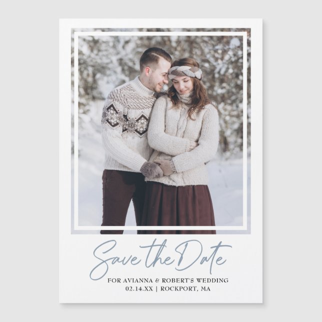 Dusty Blue Text and Photo Save the Date Magnetic Invitation (Front)