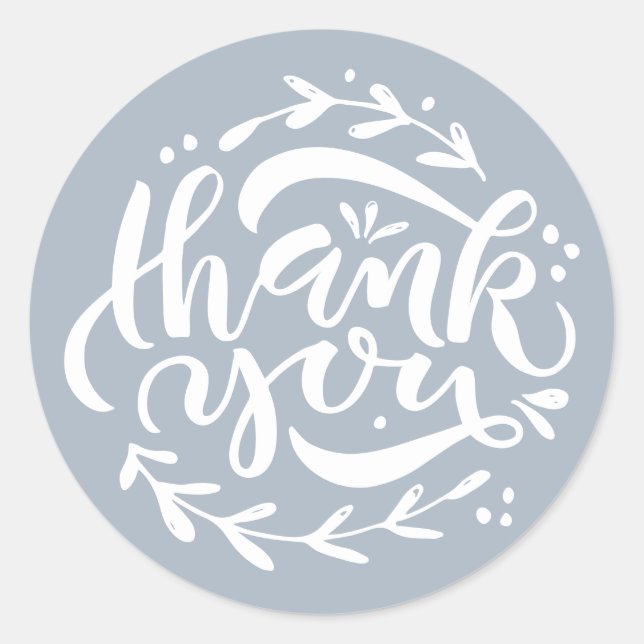 Dusty Blue Thank You Modern Calligraphy Wreath Classic Round Sticker (Front)