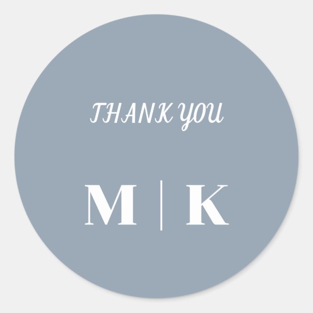 Dusty Blue Thank You Monograms Classy Wedding Classic Round Sticker (Front)