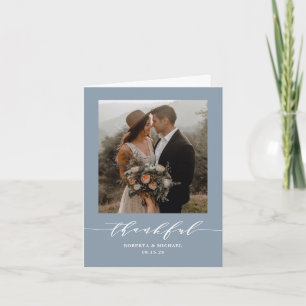 Dusty Blue Thankful Script Wedding Folded Thank You Card