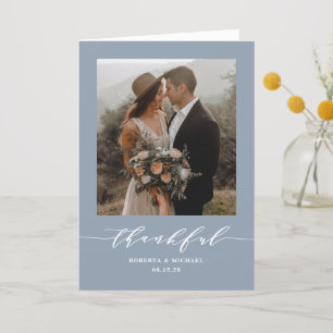 Dusty Blue Thankful Script Wedding Folded Thank You Card