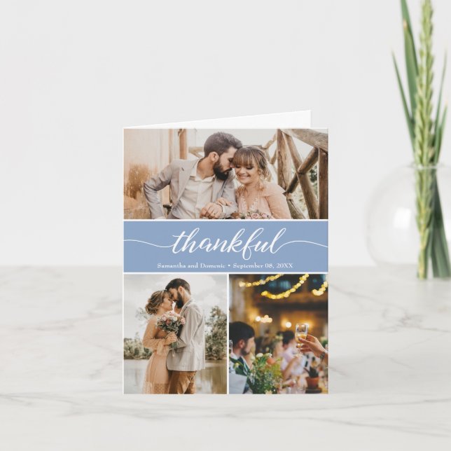 Dusty Blue Thankful Wedding Photo Collage Thank You Card (Front)
