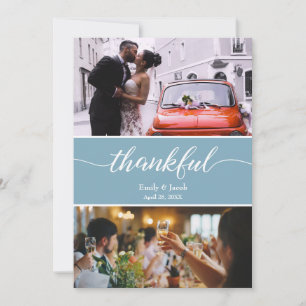 Dusty Blue Thankful Wedding Photos Thank You Card