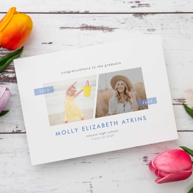 Dusty Blue Then and Now Two Photo Graduation Announcement (Creator Uploaded)