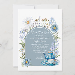 Dusty Blue Time For Tea Baby Shower Invitation