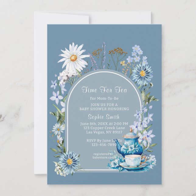 Dusty Blue Time For Tea Baby Shower  Invitation (Front)