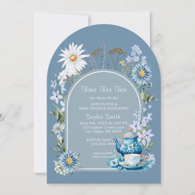 Dusty Blue Time For Tea Boho Baby Shower  Invitation (Front)