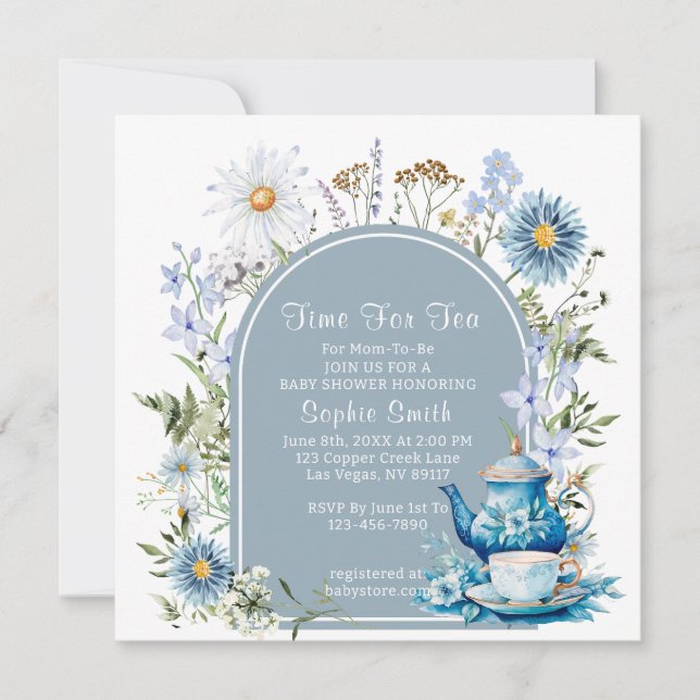 Dusty Blue Time For Tea Boho Garden Baby Shower  Invitation (Front)