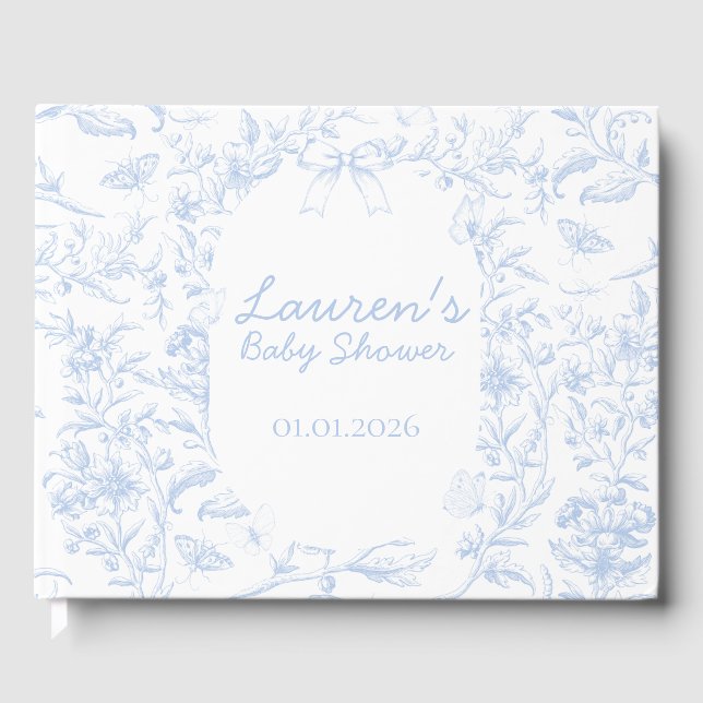Dusty Blue Toile Boy Baby Shower Guest Book (Front)
