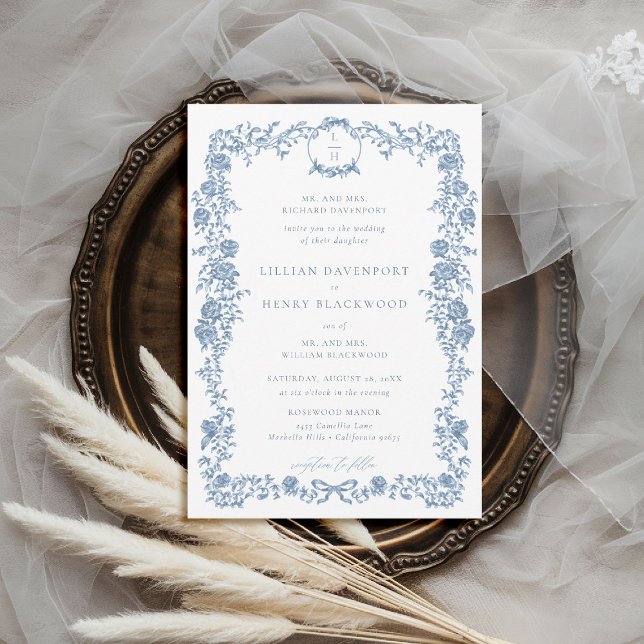 Dusty Blue Toile Chinoiserie Floral Formal Wedding Invitation (dusty blue wedding invitation vintage garden french toile elegant formal duogram wreath floral roses)