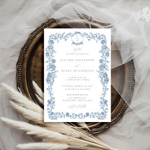 Dusty Blue Toile Chinoiserie Floral Frame Wedding Invitation