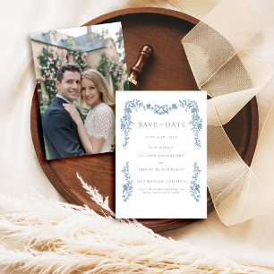 Dusty Blue Toile Chinoiserie Wedding Save Date Invitation