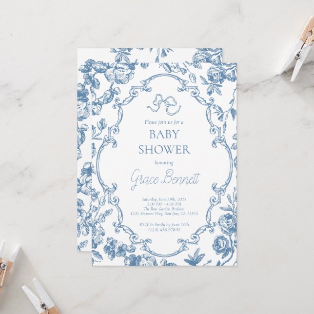 Dusty Blue Toile de Jouy Baby Shower Invitation (Front/Back In Situ)