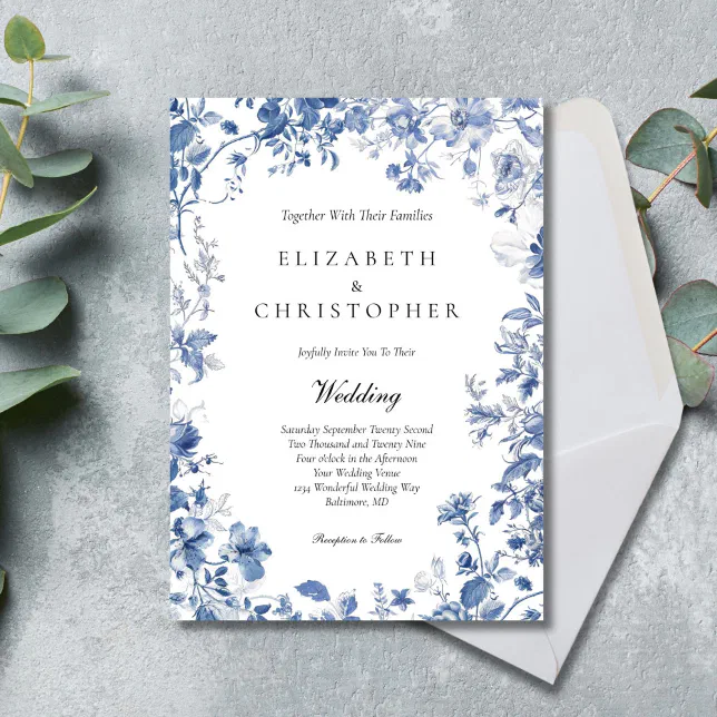 Dusty Blue Toile Floral Watercolor Elegant Wedding Invitation | Zazzle