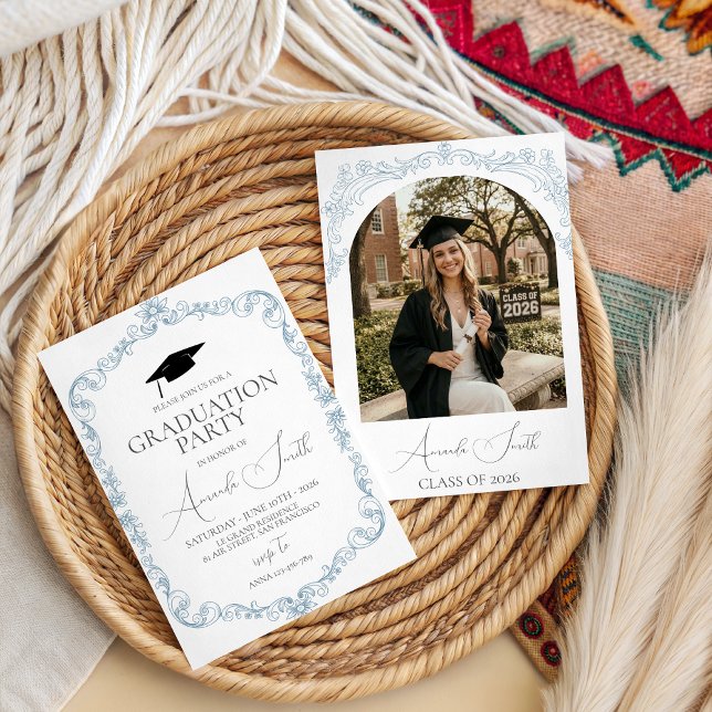 Dusty Blue Toile Frame Graduation Invite (Creator Uploaded)
