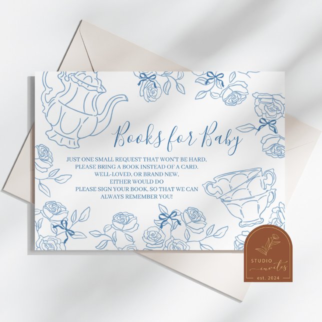 Dusty Blue Toile Tea Baby Shower Books for Baby Enclosure Card (Creator Uploaded)