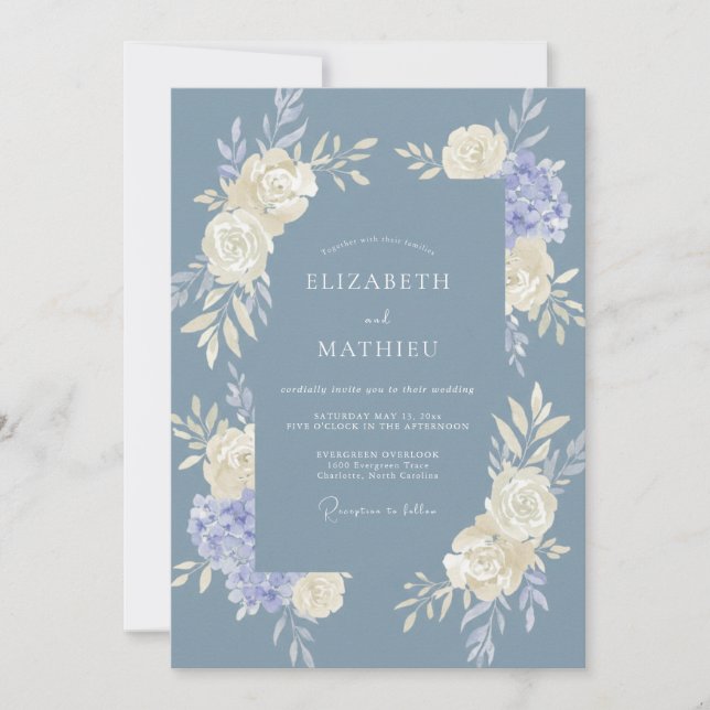 Dusty Blue Tranquil Blossom Wedding Invitation (Front)