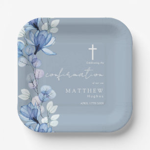 Dusty Blue Transparent Floral Confirmation Paper Plate