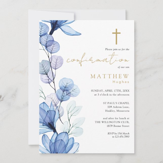 Dusty Blue Transparent Floral Gold Confirmation Invitation (Front)