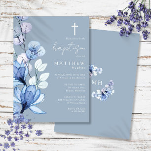 Dusty Blue Transparent Floral Monogram Baptism Invitation