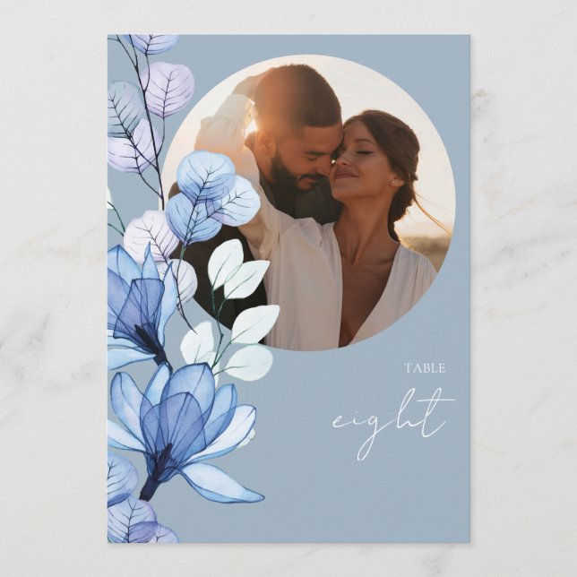 Dusty Blue Transparent Floral Photo Table Number (Front)