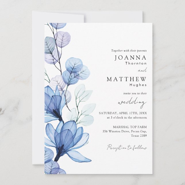 Dusty Blue Transparent Floral QR Code Wedding Invitation (Front)