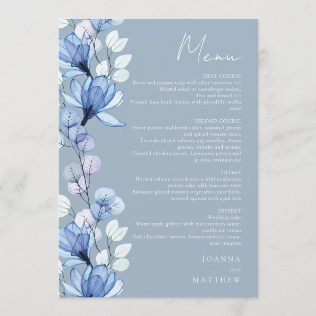 Dusty Blue Transparent Floral Wedding Menu (Front)