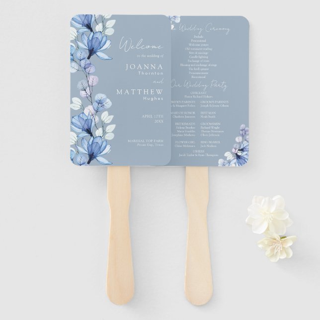 Dusty Blue Transparent Floral Wedding Program Hand Fan (Front and Back)