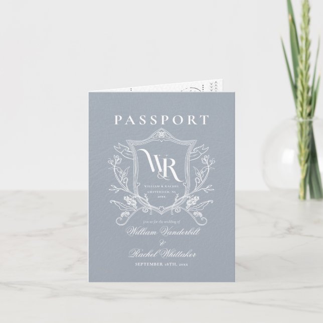 Dusty Blue Travel Destination Passport Wedding  Announcement (Front)