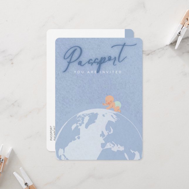 Dusty blue travel passport boy baby shower  invitation (Front/Back In Situ)