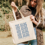 Dusty Blue Trendy Boho Retro Personalised Bride Tote Bag<br><div class="desc">Do you need a personalised tote bag for your upcoming wedding? Do you want something trendy, preppy and groovy? Look no further than the bride emerald green personalised tote bag! This stylish tote is perfect for carrying all of your belongings to and from your special day. Plus, with a personalised...</div>