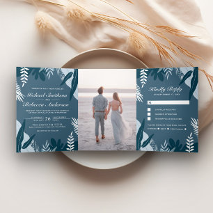 Dusty Blue Tropical Palm Leaves All in One Wedding Tri-Fold Invitation