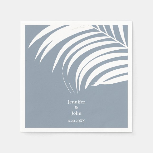 Dusty Blue Tropical Palm Leaves Elegant Wedding Napkin (Front)