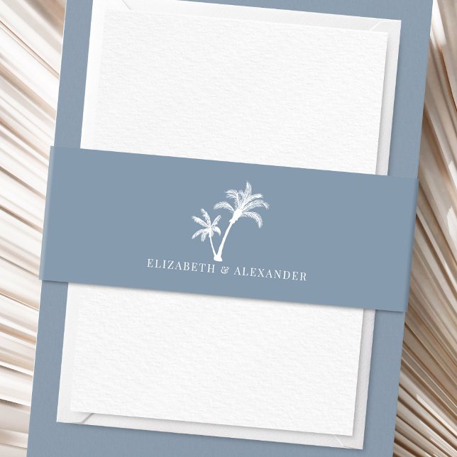 Dusty Blue Tropical Palm Tree Beach Wedding  Invitation Belly Band (Creator Uploaded)