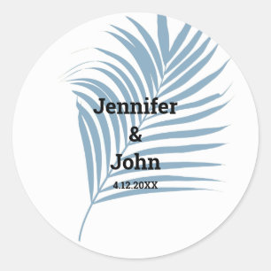Dusty Blue Tropical Palm Tree Leaf Cute Wedding Classic Round Sticker