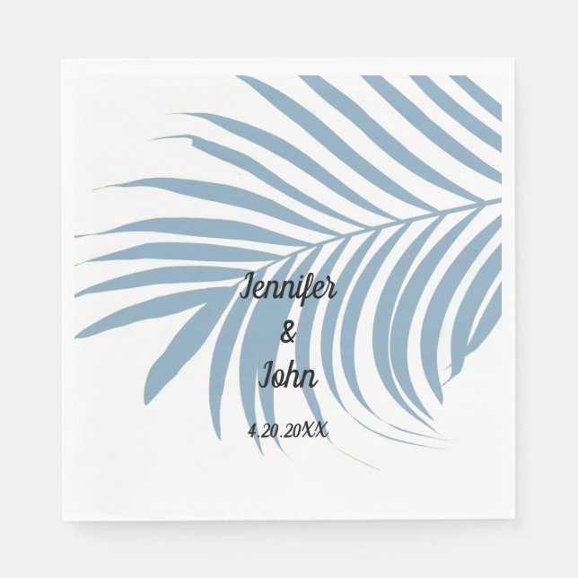 Dusty Blue Tropical Palm Tree Leaf Cute Wedding Napkin (Front)