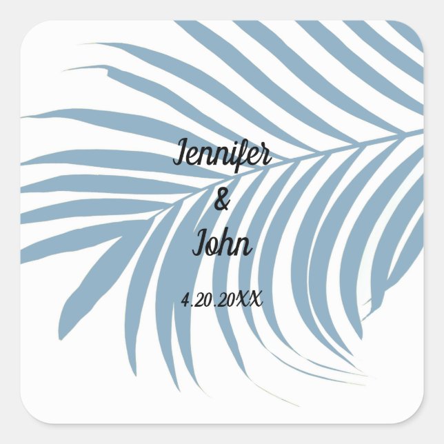 Dusty Blue Tropical Palm Tree Leaf Cute Wedding Square Sticker (Front)