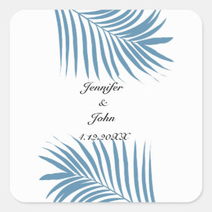 Dusty Blue Tropical Palm Tree Leaves Wedding Names Square Sticker