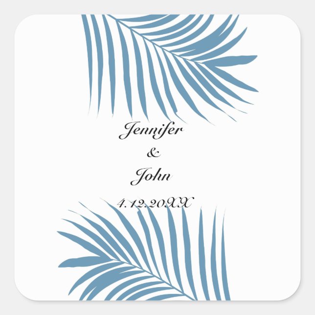 Dusty Blue Tropical Palm Tree Leaves Wedding Names Square Sticker (Front)